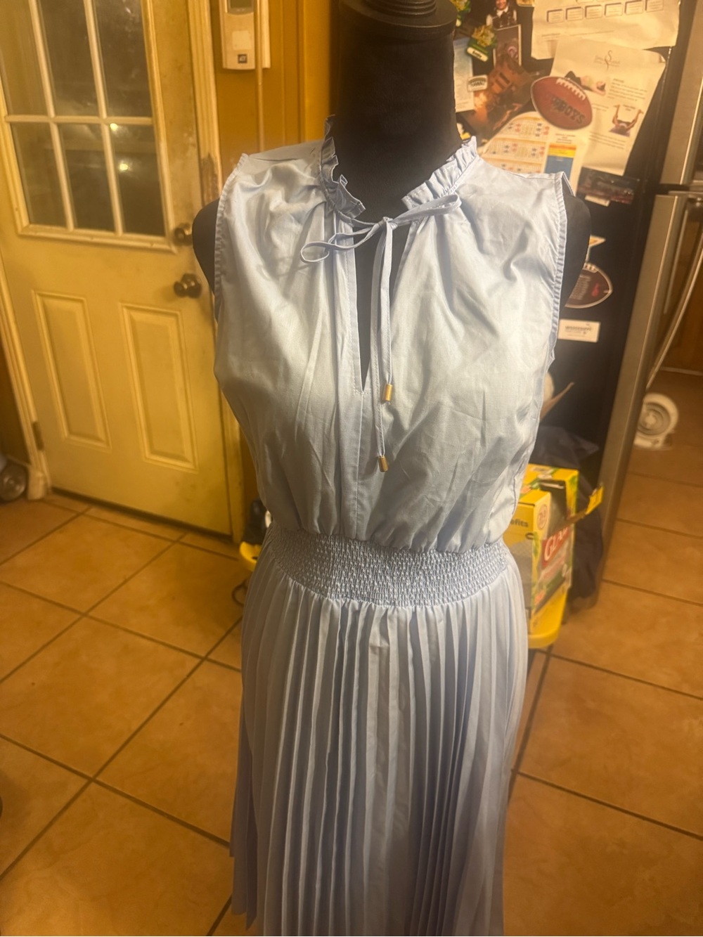 Ellen Tracy Pale Blue Sleeveless Smocked-Waist Midi Dress with Tie Neck